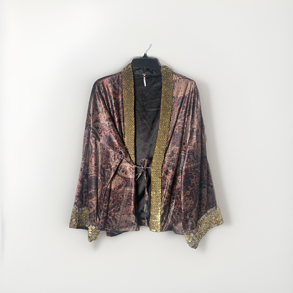 Free People Velvet Printed Layla Embellished Kimono Size X- Small Boho Paisley